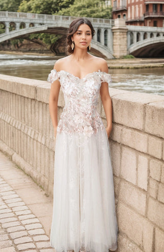 Rubi - 3D Apricot pink floral lace off-the-shoulder A-line tulle prom dress colored wedding dress - Glamourous Grace