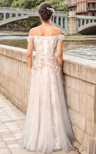 Rubi - 3D Apricot pink floral lace off-the-shoulder A-line tulle prom dress colored wedding dress - Glamourous Grace