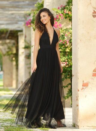 Lady Black Tie Sydney Maxi Dress in black tulle, flowing floor-length gown with elegant design, perfect for formal occasions.