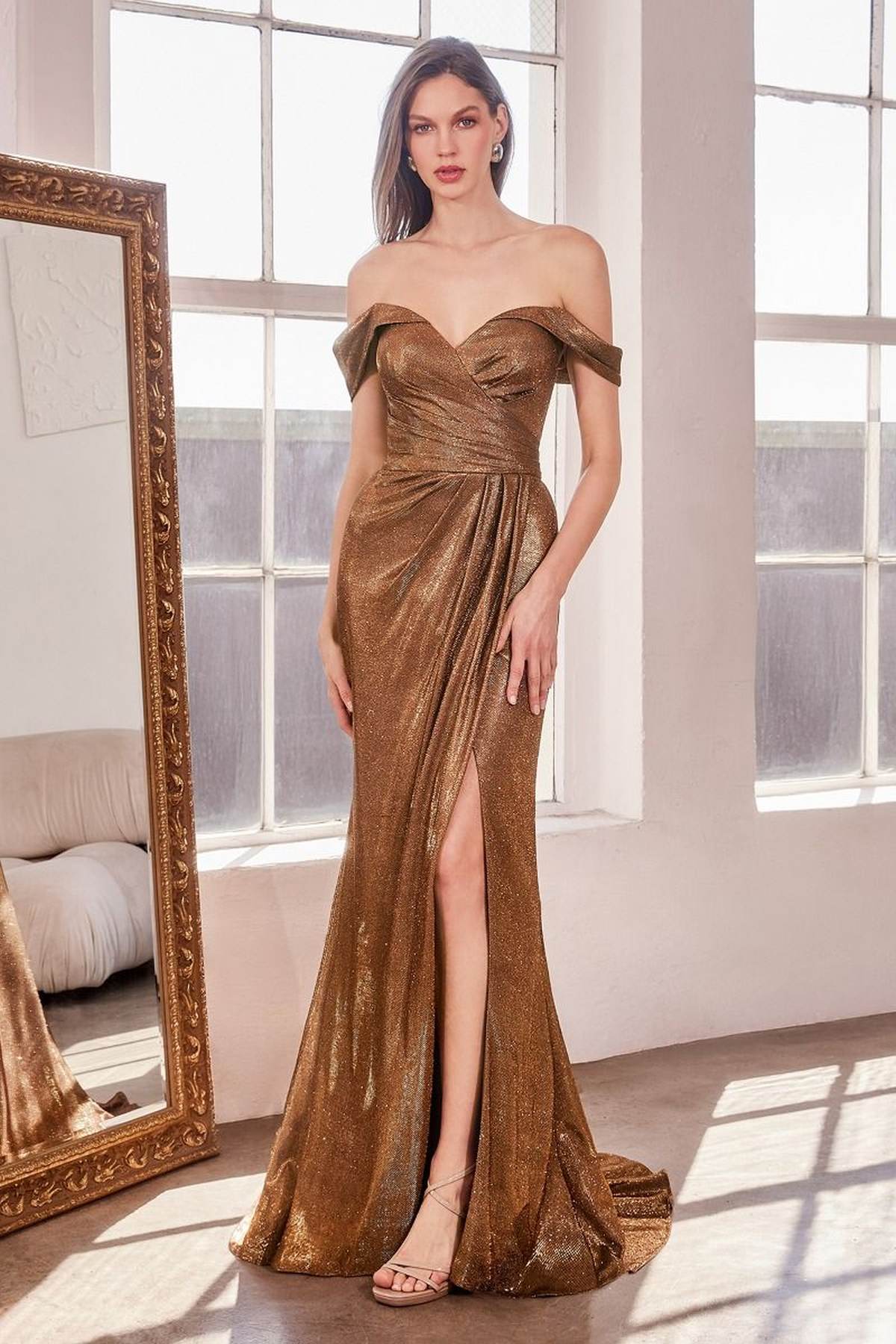 Ladivine Amoris T605 Off Shoulder Sweetheart Neck Metallic Prom Gown - Glamourous Grace