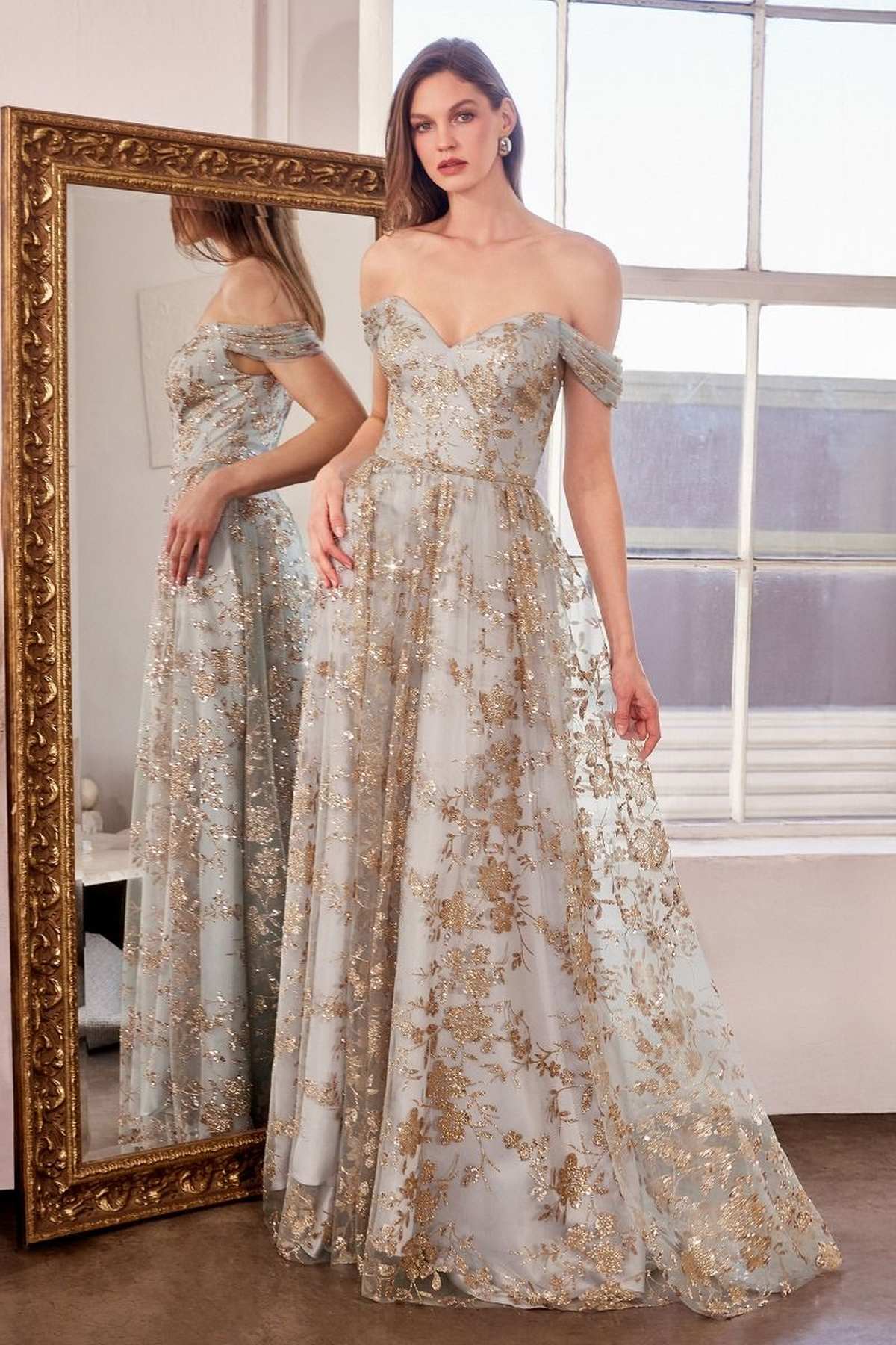 Ladivine Amoris T607 Glitter Print Off the Shoulder A-Line Prom Gown - Glamourous Grace