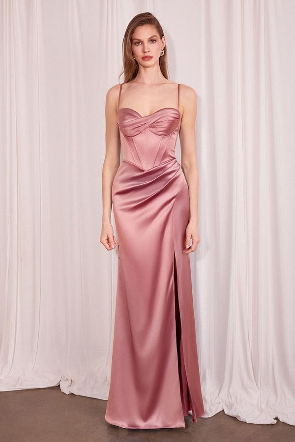 Ladivine Amoris T608 Long Fitted Satin Prom Gown Corset Bodice Slit - Glamourous Grace
