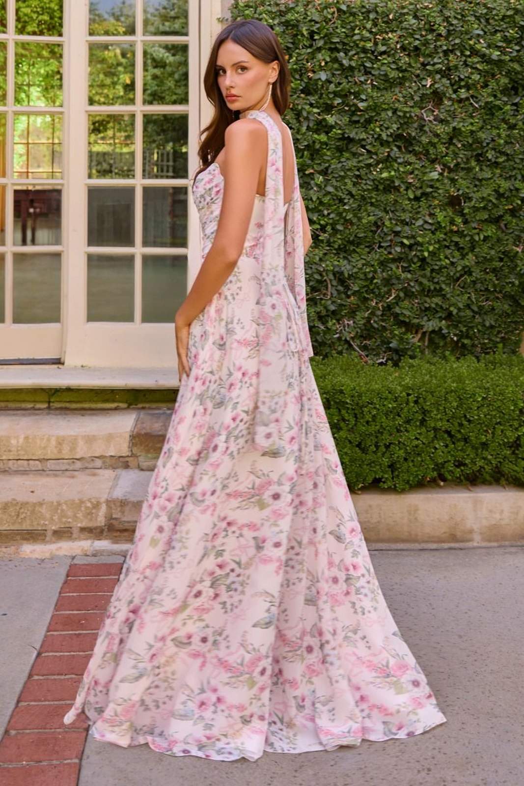 Amoris T717 Floral Chiffon A-Line Gown Corset Back - Glamourous Grace