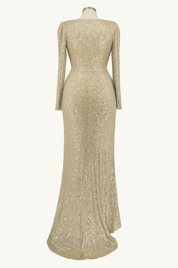 Ladivine Amoris T801 Long Sleeve Sheath Sequin Evening Gown - Glamourous Grace