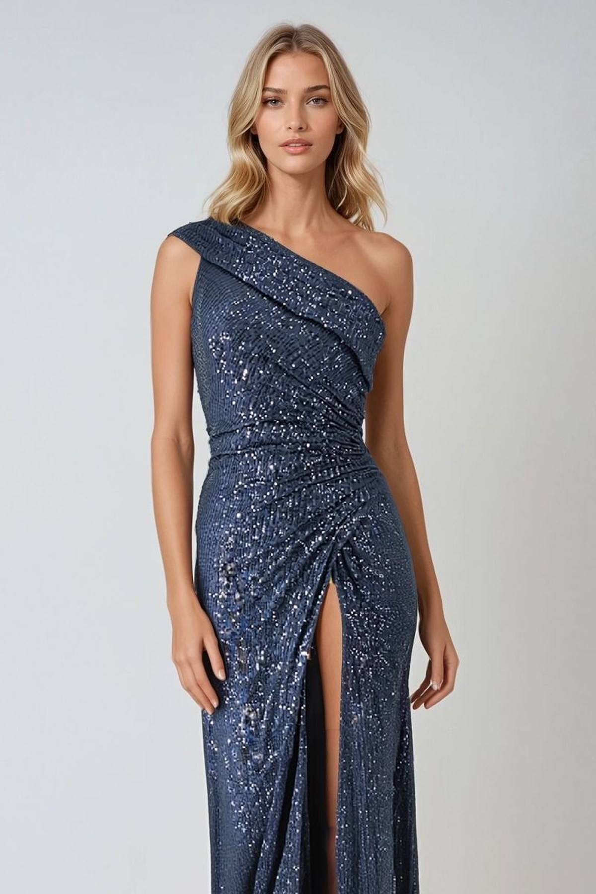 Ladivine Amoris T806 One Shoulder Evening Sequin Dress Leg Slit - Glamourous Grace