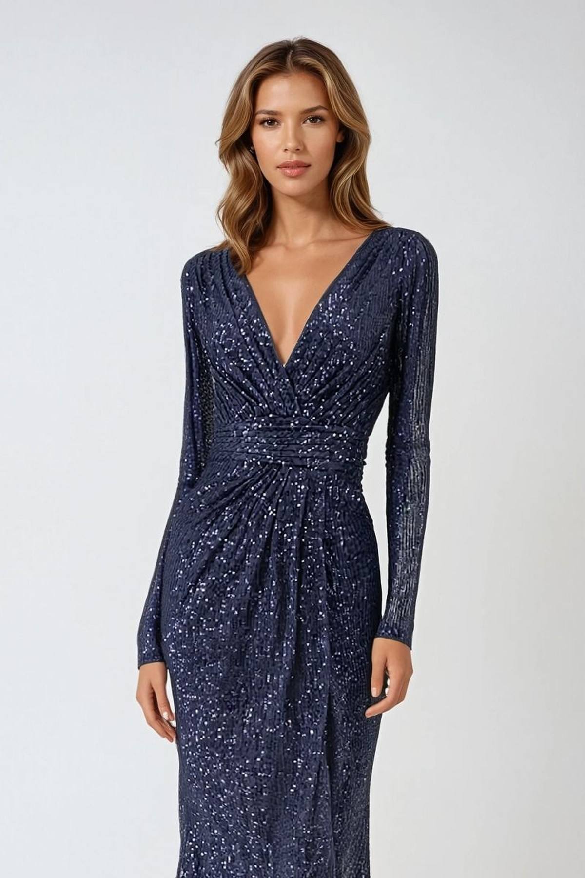 Ladivine Amoris T807 Knee Length Long Sleeve Sequin Dress V-Neckline - Glamourous Grace