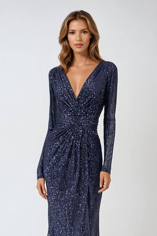 Ladivine Amoris T807 Knee Length Long Sleeve Sequin Dress V-Neckline
