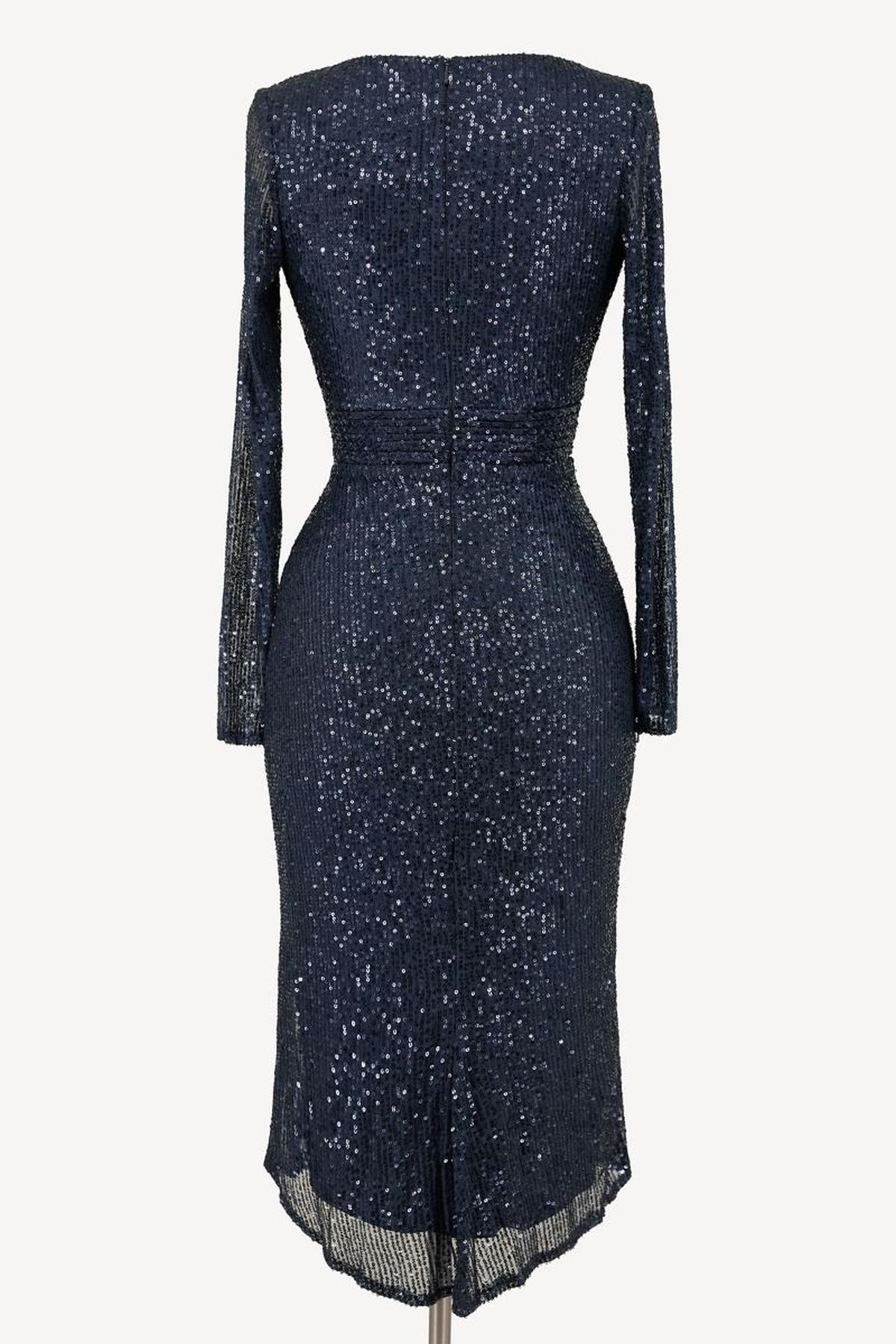 Ladivine Amoris T807 Knee Length Long Sleeve Sequin Dress V-Neckline