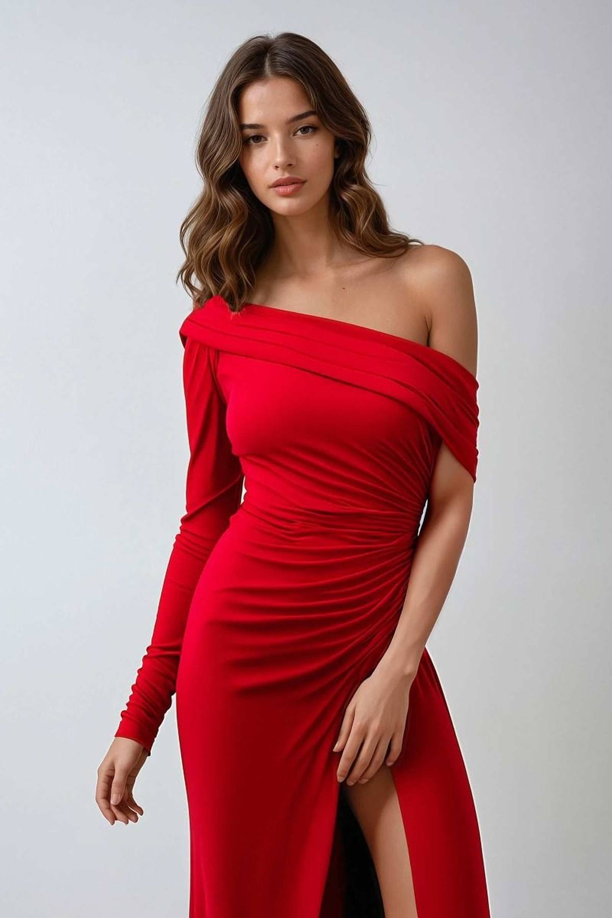 Ladivine Amoris T808 One Sleeve Off Shoulder Fitted Gown with Slit - Glamourous Grace
