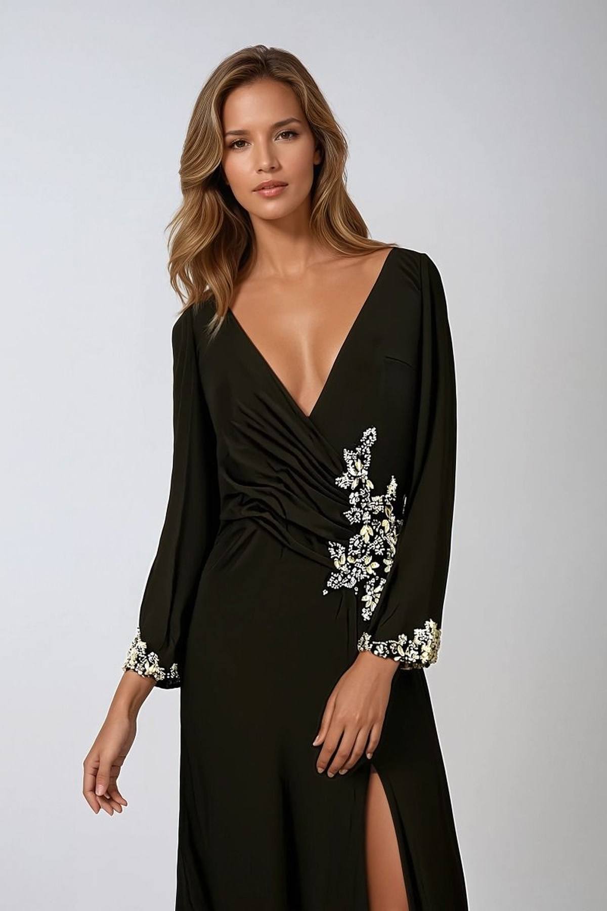 Ladivine Amoris T809 Long Sleeve V-Neckline Embellished Leg Slit Gown - Glamourous Grace