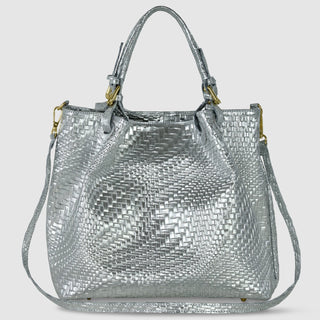 Italian Genuine Basketweave-Embossed Metallic Suede Top-Handle Bag | Imperia - Glamourous Grace
