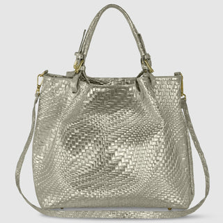 Italian Genuine Basketweave-Embossed Metallic Suede Top-Handle Bag | Imperia - Glamourous Grace