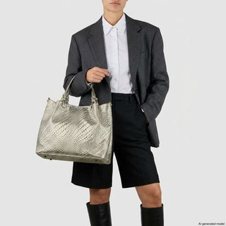 Italian Genuine Basketweave-Embossed Metallic Suede Top-Handle Bag | Imperia - Glamourous Grace