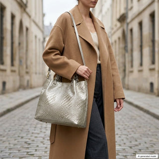 Italian Genuine Basketweave-Embossed Metallic Suede Top-Handle Bag | Imperia - Glamourous Grace