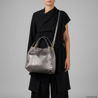 Italian Genuine Basketweave-Embossed Metallic Suede Top-Handle Bag | Imperia - Glamourous Grace
