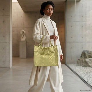 Italian Genuine Basketweave-Embossed Metallic Suede Top-Handle Bag | Imperia - Glamourous Grace