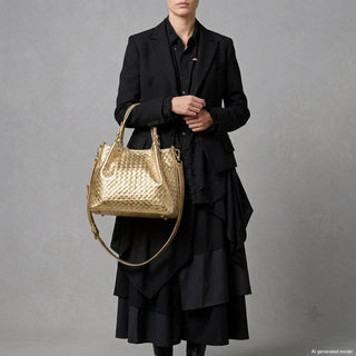 Italian Genuine Woven-Embossed Metallic Suede Top-Handle Bag | Savona - Glamourous Grace