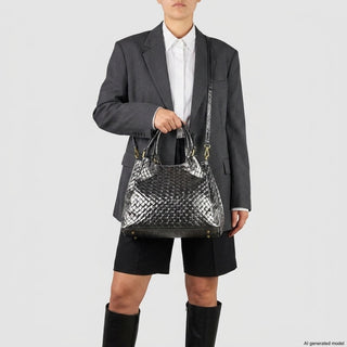 Italian Genuine Woven-Embossed Metallic Suede Top-Handle Bag | Savona - Glamourous Grace