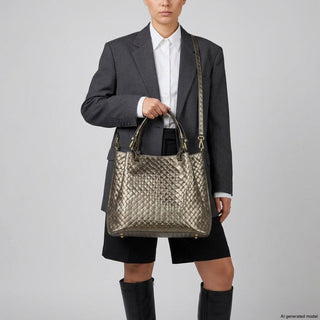 Italian Genuine Woven-Embossed Metallic Suede Top-Handle Bag | Savona - Glamourous Grace
