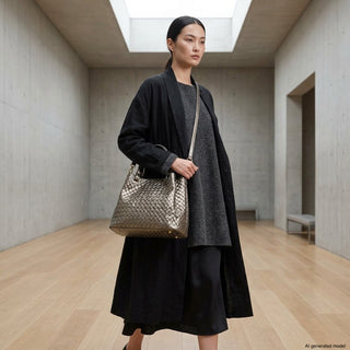 Italian Genuine Woven-Embossed Metallic Suede Top-Handle Bag | Savona - Glamourous Grace