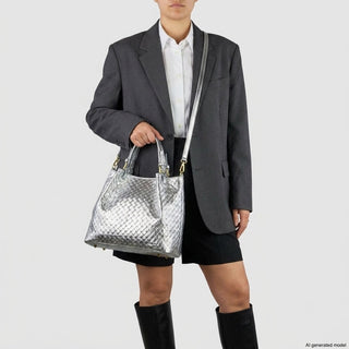 Italian Genuine Woven-Embossed Metallic Suede Top-Handle Bag | Savona - Glamourous Grace