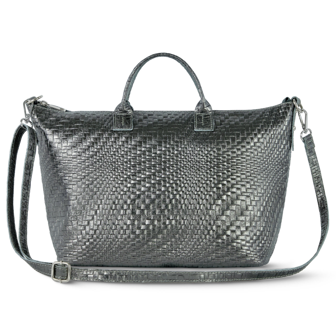 Italian Genuine Basketweave-Embossed Metallic Suede Top-Handle Bag | Treviso