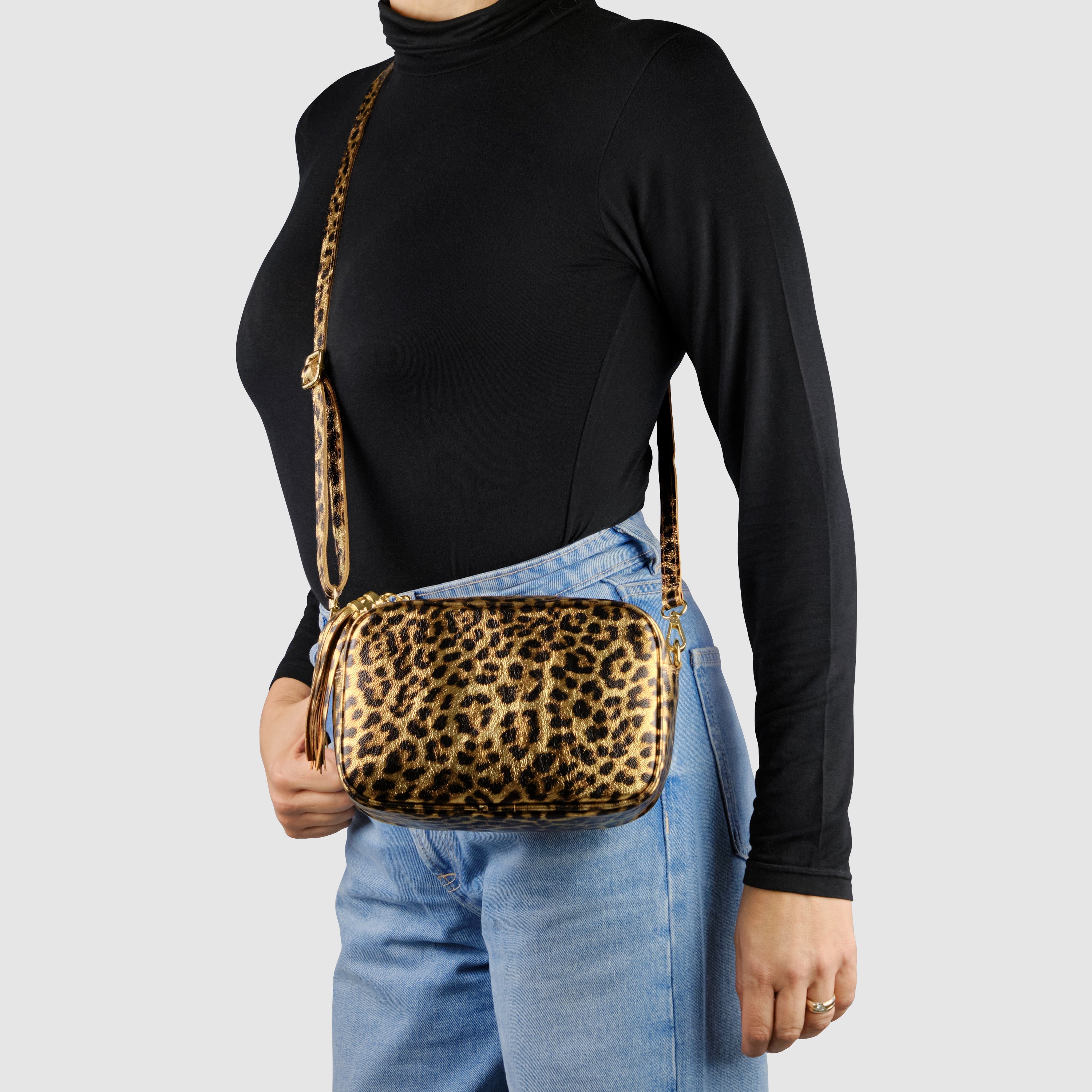 Italian Genuine Leopard-Print Metallic Suede Crossbody Bag | Potenza - Glamourous Grace