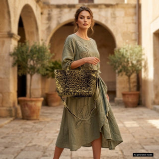 Italian Genuine Leopard-Print Metallic Suede Top-Handle Bag | Rimini - Glamourous Grace