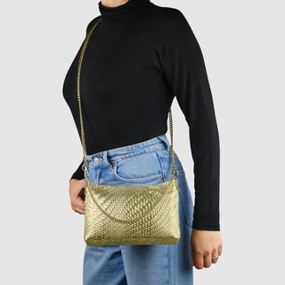Italian Genuine Basketweave-Embossed Metallic Suede Crossbody Bag | Bari - Glamourous Grace