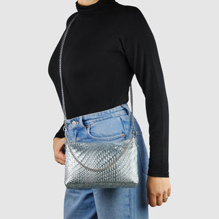 Italian Genuine Basketweave-Embossed Metallic Suede Crossbody Bag | Bari - Glamourous Grace