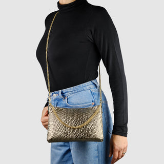 Italian Genuine Basketweave-Embossed Metallic Suede Crossbody Bag | Bari - Glamourous Grace