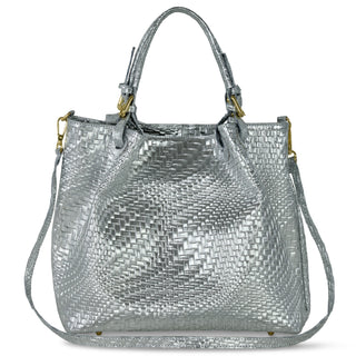 Italian Genuine Basketweave-Embossed Metallic Suede Top-Handle Bag | Imperia - Glamourous Grace