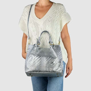 Italian Genuine Basketweave-Embossed Metallic Suede Top-Handle Bag | Imperia - Glamourous Grace