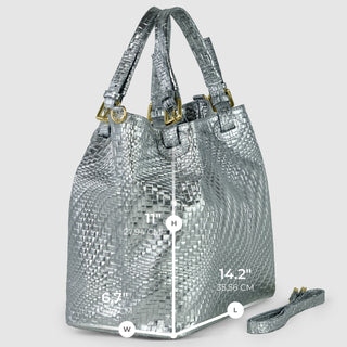 Italian Genuine Basketweave-Embossed Metallic Suede Top-Handle Bag | Imperia - Glamourous Grace