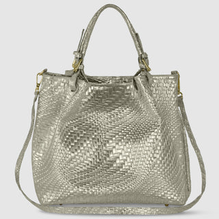 Italian Genuine Basketweave-Embossed Metallic Suede Top-Handle Bag | Imperia - Glamourous Grace