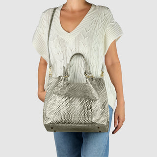 Italian Genuine Basketweave-Embossed Metallic Suede Top-Handle Bag | Imperia - Glamourous Grace