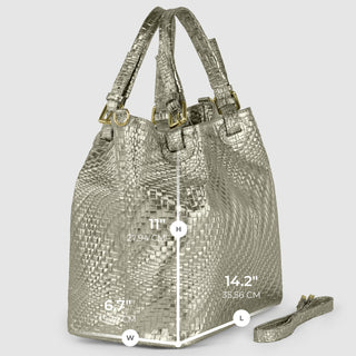 Italian Genuine Basketweave-Embossed Metallic Suede Top-Handle Bag | Imperia - Glamourous Grace