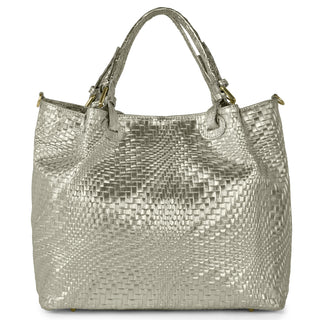 Italian Genuine Basketweave-Embossed Metallic Suede Top-Handle Bag | Imperia - Glamourous Grace
