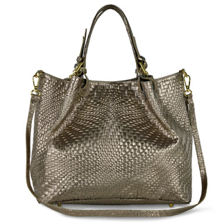 Italian Genuine Basketweave-Embossed Metallic Suede Top-Handle Bag | Imperia - Glamourous Grace