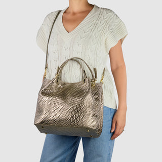 Italian Genuine Basketweave-Embossed Metallic Suede Top-Handle Bag | Imperia - Glamourous Grace
