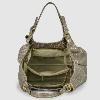Italian Genuine Basketweave-Embossed Metallic Suede Top-Handle Bag | Imperia - Glamourous Grace