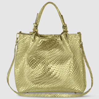 Italian Genuine Basketweave-Embossed Metallic Suede Top-Handle Bag | Imperia - Glamourous Grace