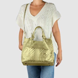 Italian Genuine Basketweave-Embossed Metallic Suede Top-Handle Bag | Imperia - Glamourous Grace