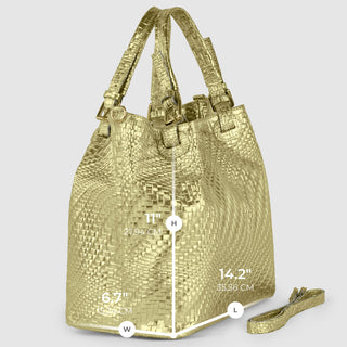 Italian Genuine Basketweave-Embossed Metallic Suede Top-Handle Bag | Imperia - Glamourous Grace