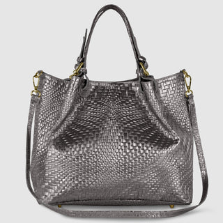 Italian Genuine Basketweave-Embossed Metallic Suede Top-Handle Bag | Imperia - Glamourous Grace