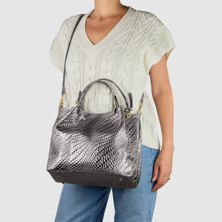 Italian Genuine Basketweave-Embossed Metallic Suede Top-Handle Bag | Imperia - Glamourous Grace