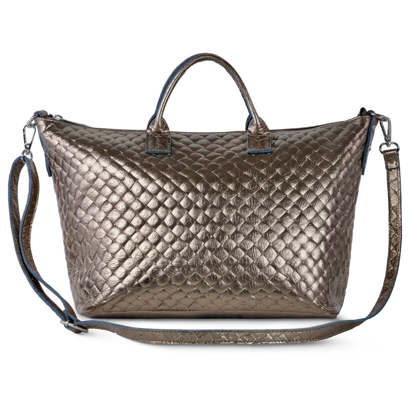 Italian Genuine Woven-Embossed Metallic Suede Top-Handle Bag | Urbino - Glamourous Grace