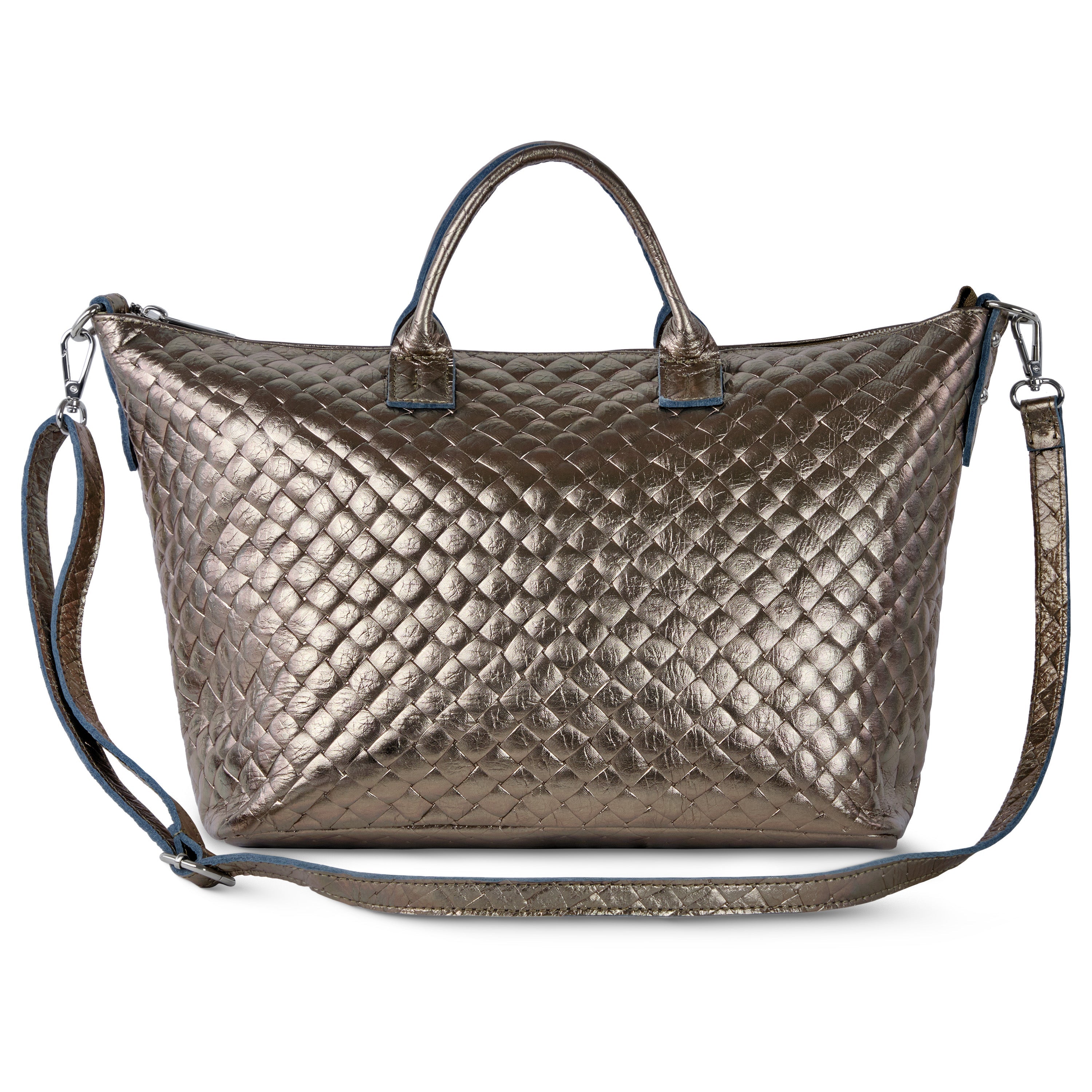 Italian Genuine Woven-Embossed Metallic Suede Top-Handle Bag | Urbino - Glamourous Grace