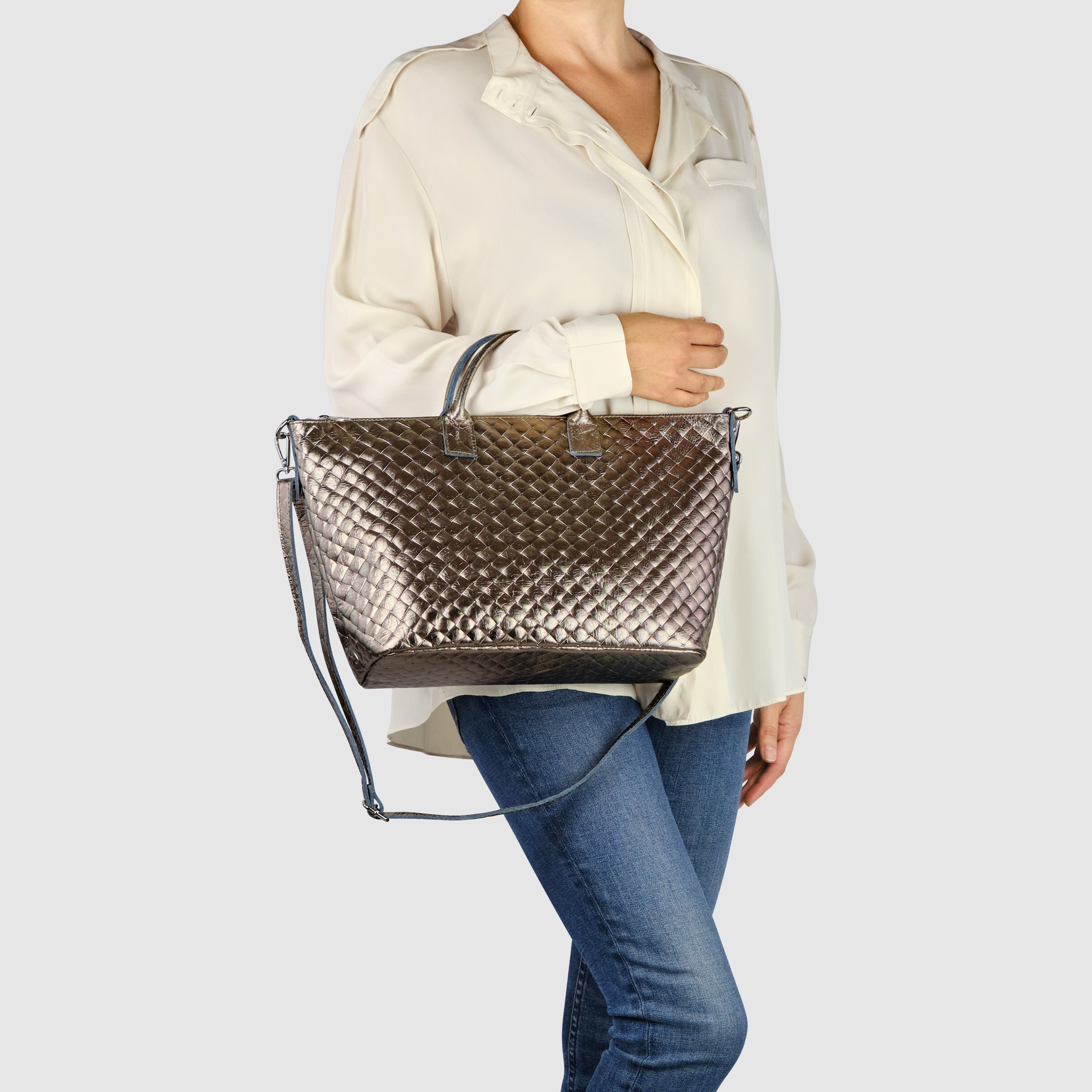 Italian Genuine Woven-Embossed Metallic Suede Top-Handle Bag | Urbino - Glamourous Grace