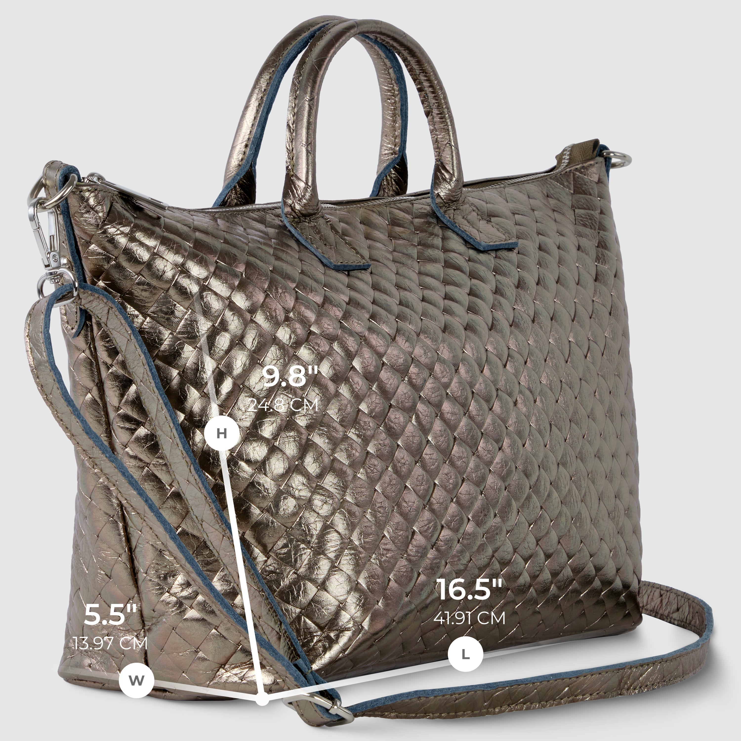 Italian Genuine Woven-Embossed Metallic Suede Top-Handle Bag | Urbino - Glamourous Grace